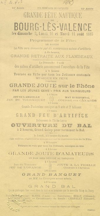 Programme de la Grande fête nautique de Bourg-lès-Valence les Dimanche 9, lundi 10 et mardi 11 août 1885