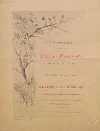 Affiche-programme du Concert donné par l'Union fraternelle de la Drôme au bénéfice de la catastrophe du Col-de-Rousset le dimanche 15 Avril 1888