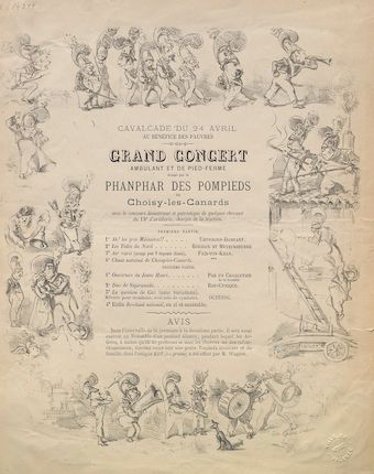 Cavalcade du 24 avril au bénéfice des pauvres : grand concert ambulant et de pied-ferme donné par la phanphar des pompieds de Choisy-les Canards