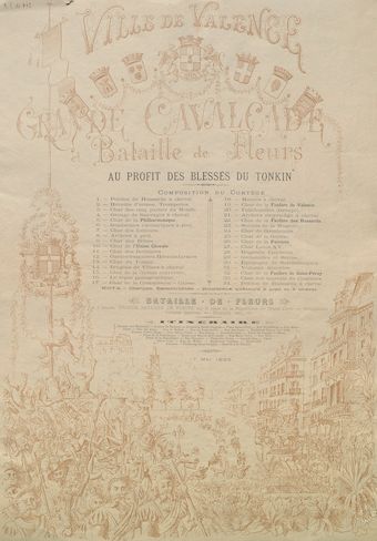 Ville de Valence : grande cavalcade et bataille de fleurs au profit des blessés du Tonkin, 17 mai 1885