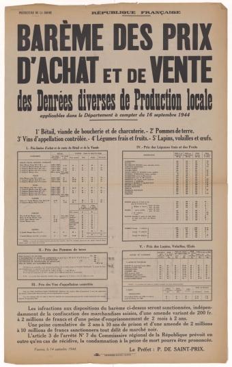 Barème des prix d'achat et de vente des denrées diverses de production locale applicables dans le département à compter du 16 septembre 1944