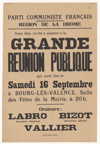 Parti Communiste Français. Région de la Drôme : Vous êtes invité à assister à la Grande Réunion Publique