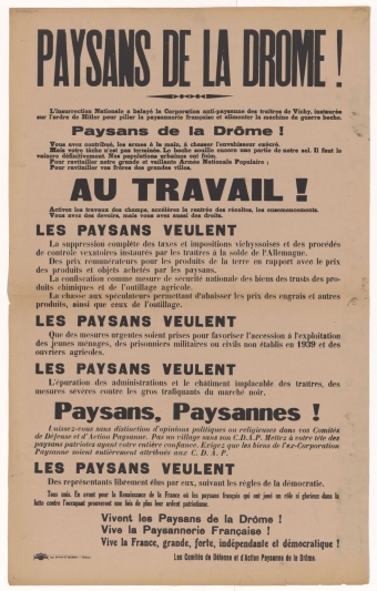 Paysans de la Drôme ! [Revendications des Comités de Défense et d'Action Paysanne de la Drôme à la Libération]