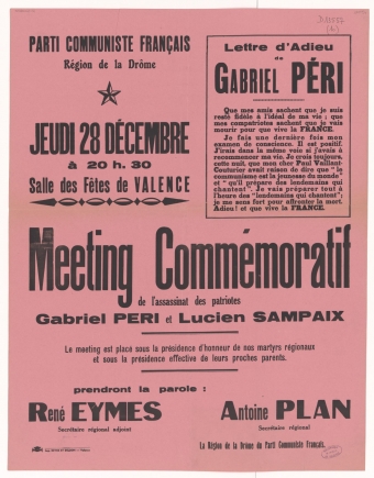 Parti Communiste Français. Région de la Drôme : Meeting commémoratif de l'assassinat des patriotes Gabriel Peri et Lucien Sampaix