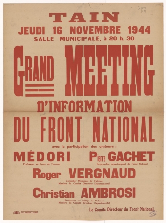 Tain : Grand Meeting d'Information organisé par le Front National [16 novembre 1944]