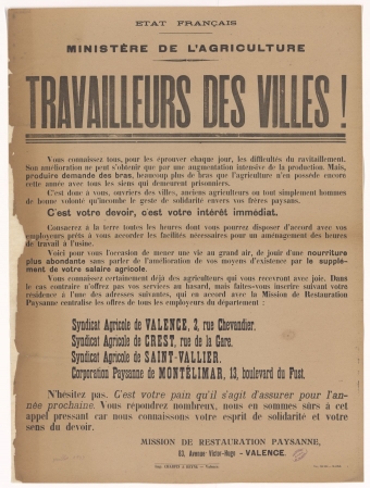 Ministère de l'Agriculture. Travailleurs des villes ! [Soutien aux agriculteurs pour assurer le ravitaillement]