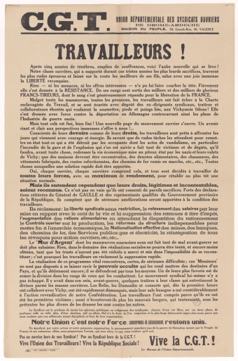 C.G.T. Union départementale des Syndicats Ouvriers de Drôme-Ardèche : Travailleurs !