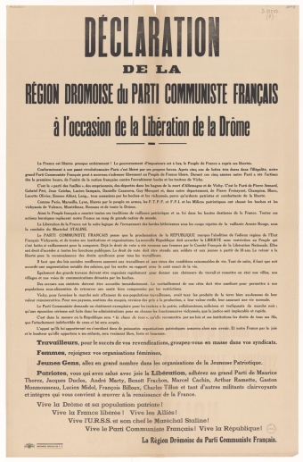 Déclaration de la région drômoise du Parti Communiste Français à l'occasion de la Libération de la Drôme