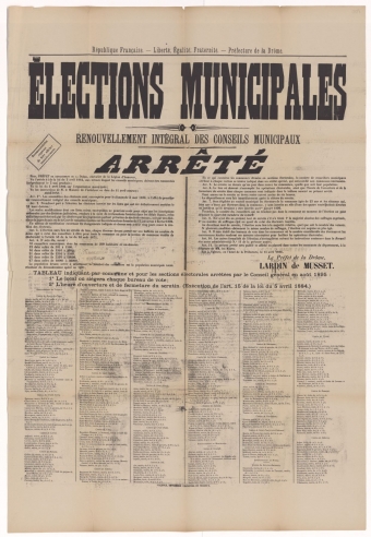 Préfecture de la Drôme. Élections municipales : Renouvellement intégral des Conseils Municipaux : Arrêté [Valence, 13 avril 1896]