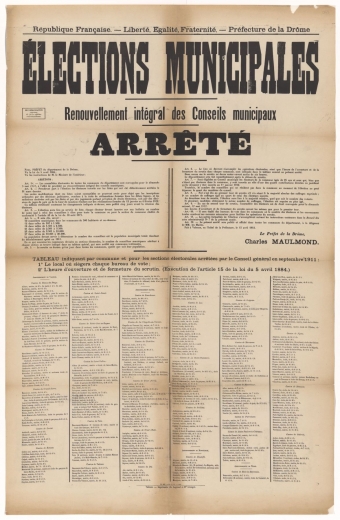 Préfecture de la Drôme. Élections municipales : Renouvellement intégral des Conseils Municipaux : Arrêté [Valence, 15 avril 1912]