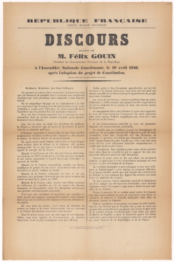 Discours prononcé par M. Félix Gouin, Président du Gouvernement Provisoire de la République à l'Assemblée Nationale Constituante le 19 avril 1946, après l'adoption du projet de Constitution