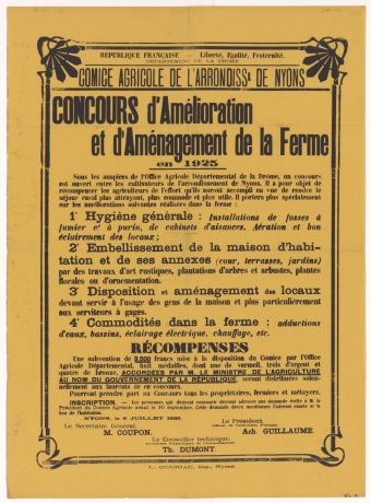 Département de la Drôme. Comice Agricole de l'Arrondissement de Nyons : Concours d'Améliorations et d'Aménagement de la Ferme en 1925