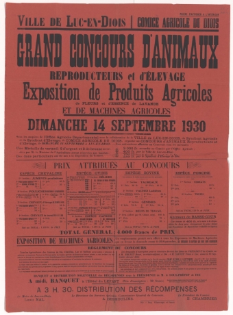 Ville de Luc-en-Diois. Comice Agricole en Diois : Grand Concours d'Animaux Reproducteurs et d'Elevage : Exposition de Produits Agricoles de Fleurs et d'Essence de Lavande et de Machines Agricoles