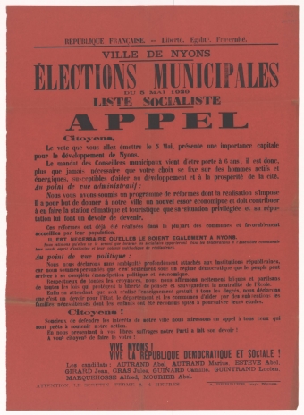 Ville de Nyons. Elections Municipales du 5 mai 1929 : Liste socialiste : Appel