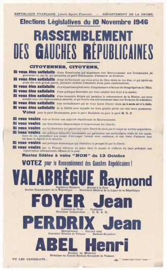 Département de la Drôme. Elections Législatives du 10 Novembre 1946 : Rassemblement des Gauches Républicaines [Raymond Valabrègue, Jean Foyer, Jean Perdrix et Henri Abel]