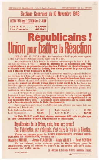 Département de la Drôme. Élection Générales du 10 novembre 1946 : Républicains! Union pour battre la Réaction [Maurice Michel, Jennie Flachier, Albin Vilhet et René Seston]