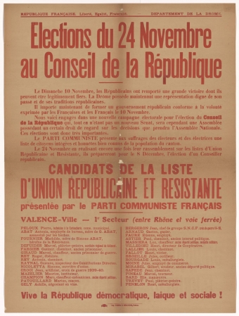 Département de la Drôme. Élections du 24 Novembre au Conseil de la République : liste d'Union Républicaine et Résistante présentée par le Parti Communiste Français. Valence-ville - 1er Secteur (entre Rhône et voie ferrée)