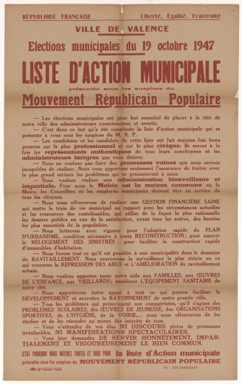 Ville de Valence. Elections municipales du 19 octobre 1947 : Liste d'Action Municipale présentée sous les auspices du Mouvement Républicain Populaire