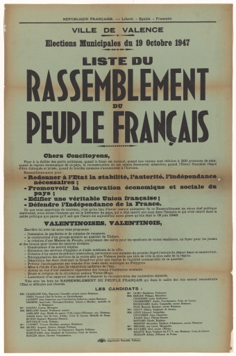 Ville de Valence. Elections municipales du 19 octobre 1947 : Liste du Rassemblement du Peuple Français