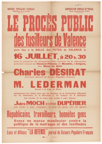 Secours Populaire Français - Fédération de la Drôme. Confédération générale du Travail - Union Départementale Drôme : Le procès public des fusilleurs de Valence