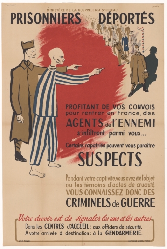 Ministère de la Guerre E.M.A. 5e bureau. Prisonniers déportés. Profitant de vos convois pour rentrer en France, des agents de l'ennemi s'infiltrent parmi vous : [affiche] / Mth. Auffray